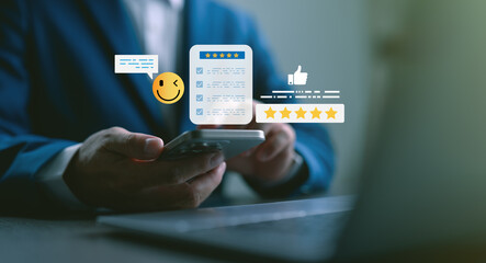 Businessman using smartphone to check online reviews, customer feedback, and satisfaction rating with five stars, showing digital marketing and customer experience strategy.