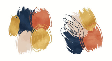 Abstract painting with brush strokes in blue, orange, and gold colors, creating a modern and artistic composition.