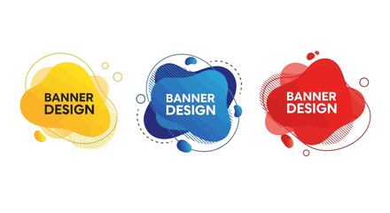 Abstract banner design elements in yellow, blue, and red with text overlay.