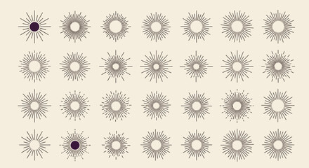 A collection of sunburst designs with varying line styles and central shapes, arranged in a grid pattern on a beige background.