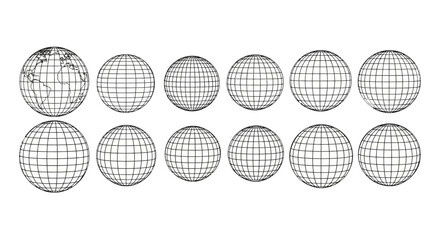 A series of globes showing the Earth and various grid patterns on a white background.