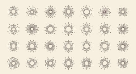 Collection of sunburst design elements, radial lines emanating from a central point.