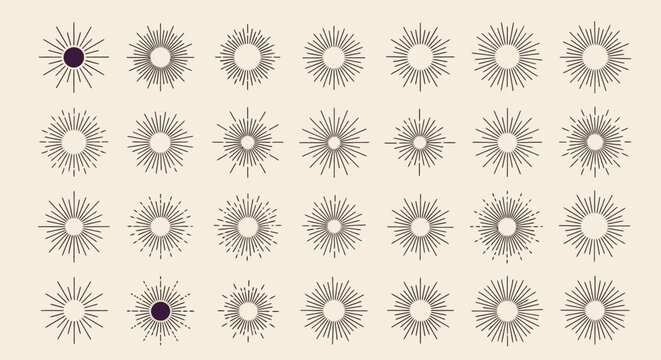 A collection of sunburst designs with varying line styles and central shapes, arranged in a grid pattern on a beige background.