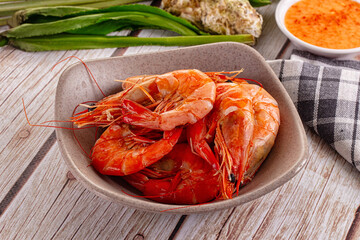 Delicous boiled tiger prawn with sauce