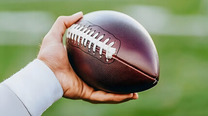American Football Kickoff Game Start. Close-up Shot of an American Ball Standing on a Stadium Field Held by Professional Player