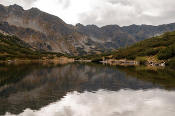 Mountain Lake with Reflections and Rugged Peaks