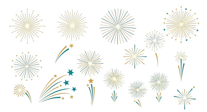 Illustration of fireworks and star trails on a white background.