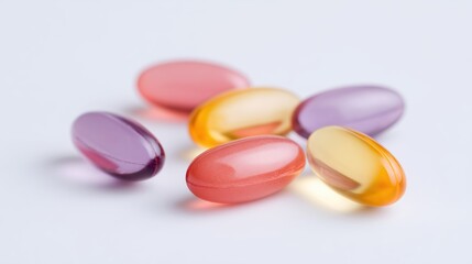 Soft tinted transparent medicine collection, Vivid seethrough capsules with soft pastel reflections, Colorful transparent capsule display featuring gentle pastel reflections and hues