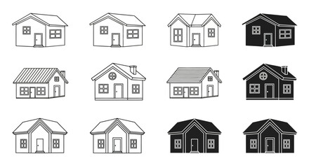 Collection of twelve house illustrations in various styles, some with dark shading and others with simple line drawings.