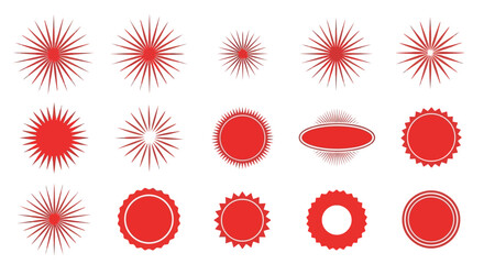 A collection of red burst and badge vector graphics on a white background.