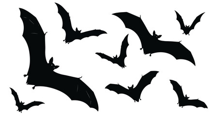 A group of bats are flying in the air, silhouetted against a white background.
