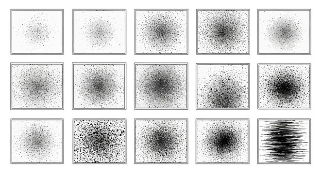 A sequence of images showing a gradual change in a pattern, from a concentrated point to a more dispersed and linear arrangement.