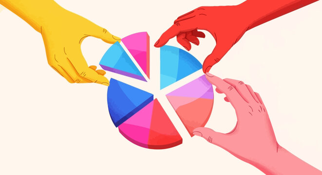 Hands taking pieces from a pie chart, representing market share or data analysis.