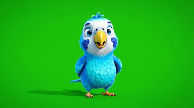 Adorable 3D Cartoon Blue Bird Character Standing on Green Screen