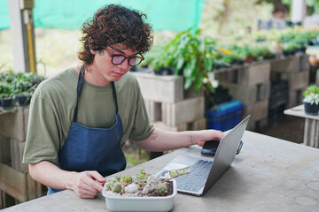 Asian Man Owner Managing Online Sales at Cactus Farm