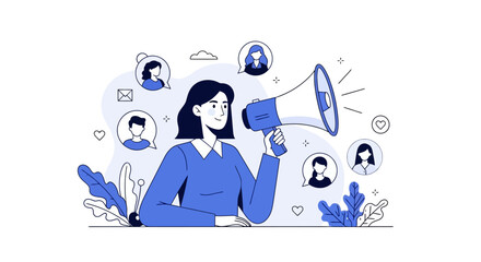 Woman with megaphone spreading the word to a group of people.