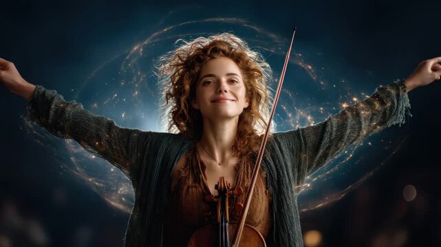 A woman with curly hair, playing a violin, with an ethereal, cosmic background