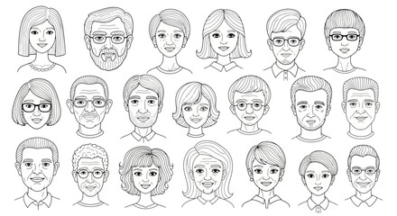 A collection of diverse line art portraits of people with various hairstyles and facial features.