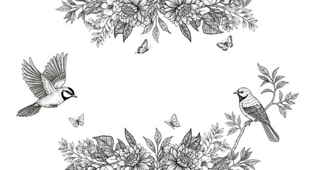 Detailed black and white drawing of birds, butterflies, and flowers.