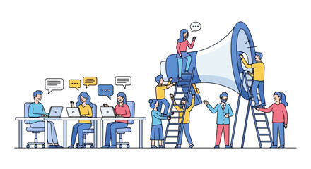 Teamwork and communication concept with people working together on a megaphone.