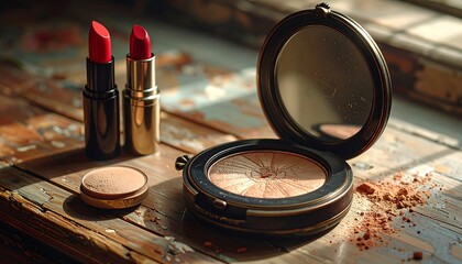 Close-up of cosmetic products, including lipsticks, a compact mirror with powder, and a separate eyeshadow