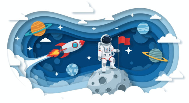 Astronaut on the moon with rocket, planets, and a flag in a paper cut style illustration.