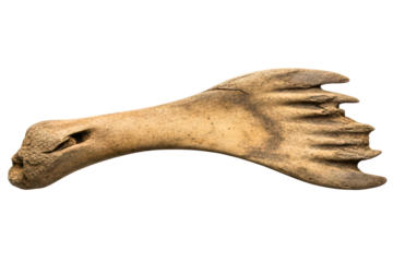 Prehistoric weathered animal bone with a unique natural shape on a transparent background