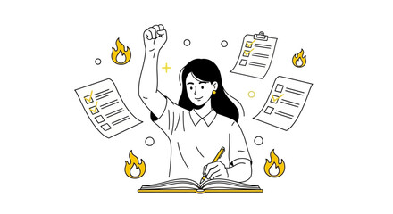 Illustration of a woman celebrating completing tasks with checklists and flames.