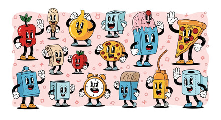 Cartoon food characters with retro style, including pizza, cherry, cookie, onion, and other items, on a pink background.