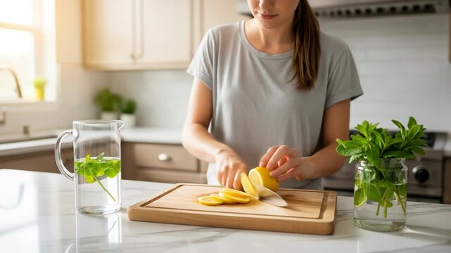 Woman slicing lemon in kitchen with mint