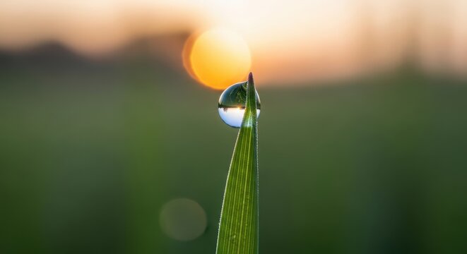 Close up of a water drop on a blade of grass at sunrise, capturing the beauty of nature and the tranquility of the morning - Powered by Adobe