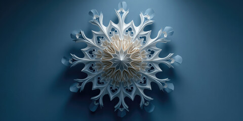 Snow-white virus-like snowflake with intricate cutouts and textured surface casting soft shadows on a midnight blue background, blending winter motifs with health and science themes