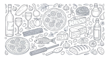 Detailed line art illustration of various food items, including pizza, fish, cheese, bread, and wine.