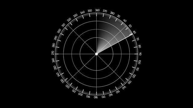 Radar screen animation on black background. Signal transmitted sonar radar. Radar point to detect enemy position.