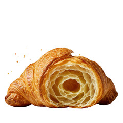 Artisanal golden-brown croissant, dynamically torn, shattering crust, steaming, revealing buttery honeycomb interior with glistening airy textures, on transparent. Concept of culinary perfection.