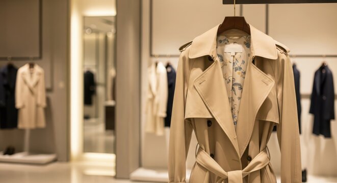 Elegant trench coat displayed in a highend fashion boutique, showcasing timeless style and sophistication in a retail setting