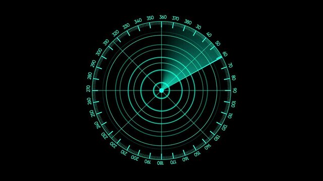 Radar screen animation on black background. Signal transmitted sonar radar. Radar point to detect enemy position.