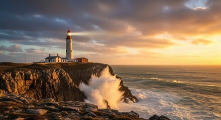A lighthouse on a cliff at sunset with waves crashing against the rocks and a dramatic sky with clouds and golden light