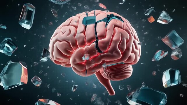 A conceptual illustration of the human brain's fragile state, shattering barriers for a powerful cognitive breakthrough and mental clarity