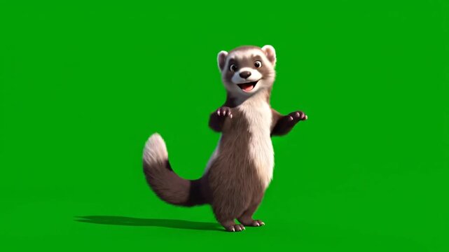 Cute 3D Animated Ferret Character Standing on Green Screen