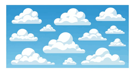 Cartoon illustration of fluffy white clouds scattered across a bright blue sky.