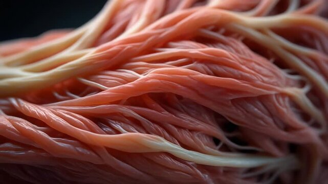 A detailed macro photograph capturing the intricate network of raw biological muscle tissue with interwoven sinewy fibers, creating an abstract organic background