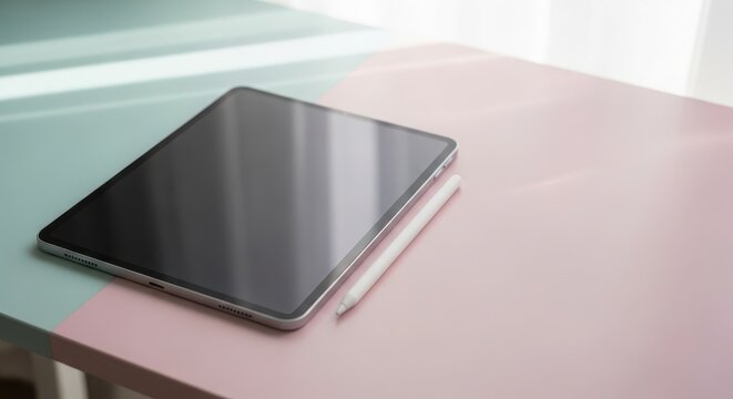 A modern tablet with a stylus rests on a pastelcolored desk, illuminated by soft sunlight from a nearby window, creating a serene workspace
