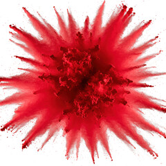 Ultra-macro of crimson red powder exploding in a chaotic, shimmering cloud, frozen mid-burst with dramatic rim lighting on a transparent studio background. Dynamic energy concept