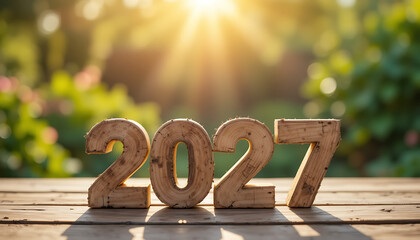 2027 Wooden Numbers on a Wooden Table with Sunlit Background Hopeful Future Concept