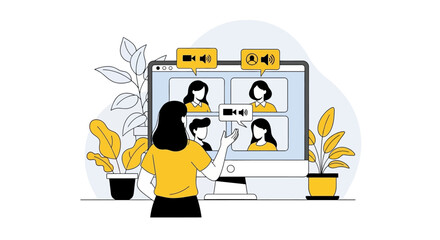Illustration of a woman in a virtual meeting with four other people on a computer screen.