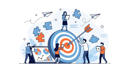 Teamwork illustration: people collaborating to achieve a common goal, hitting the target with an arrow.