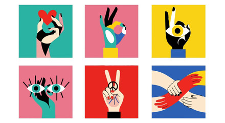 A collection of colorful illustrations depicting various hand gestures and symbols against vibrant backgrounds.