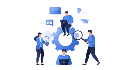 Teamwork illustration with people working around a gear, symbolizing collaboration and problem-solving.