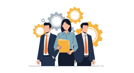 Illustration of a team of business people standing in front of gears.
